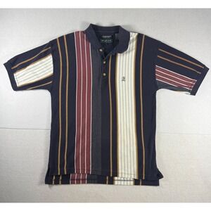 Vintage Siegfried Mens Large Vertical Stripe Polo Shirt Navy Blue Burgundy 90s